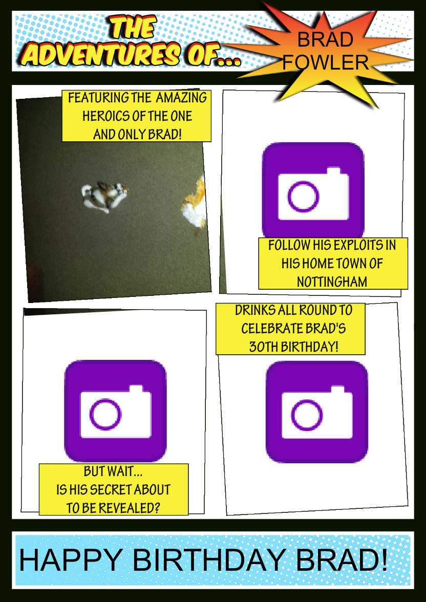 The Adventures Of -  Spoof Comic Book Card Front Blue - card made with Crafty Bob's Card Creator
