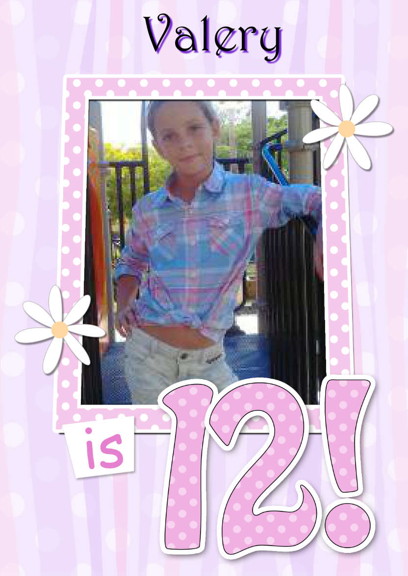 12th Birthday Stripes & Flowers Photo Upload Card - card made with Crafty Bob's Card Creator
