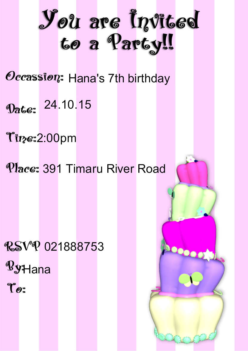 Girls Pink Cake Invitation - card made with Crafty Bob's Card Creator