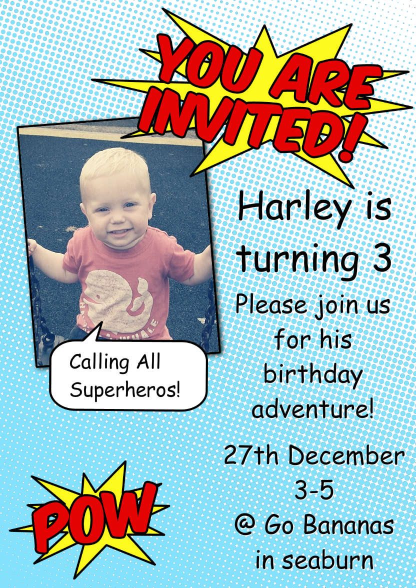 Superhero Comic Style Party Invitation - card made with Crafty Bob's Card Creator