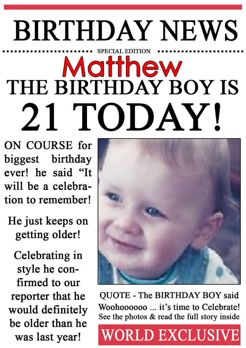 21 Today Birthday News Photo Upload Card - card made with Crafty Bob's Card Creator