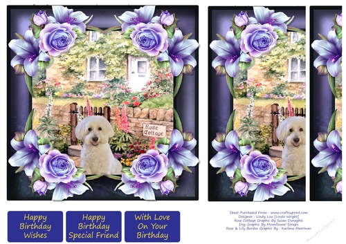 Rose Cottage In Floral Frame With Dog 7 x 7