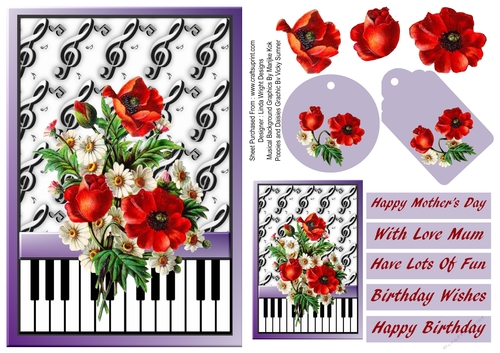 Poppies And Daisies On Musical Background A5 Card