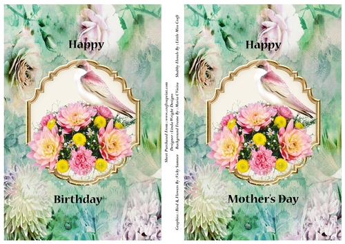 Pink Bird and Flowers A5