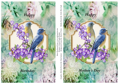 Blue Bird and Purple Flowers A5