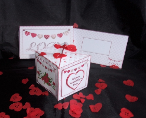 Valentines pop-up box card with matching slide box and optional envelope.