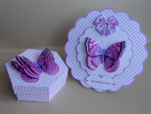 Pink and lilac butterflies rocker card and matching hexagonal gift box