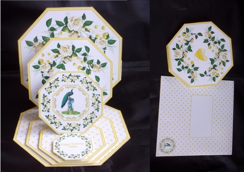 Peacock and roses octagonal triple easel card with matching envelope.