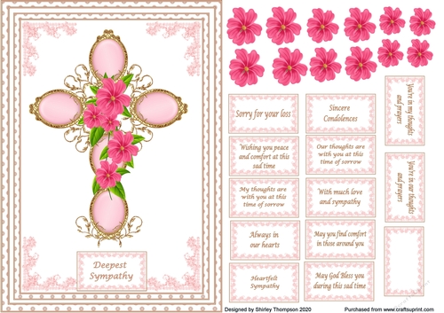 A5 pink floral cross sympathy card front