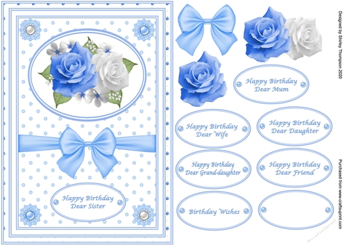 A5 Blue & white roses step by step card front