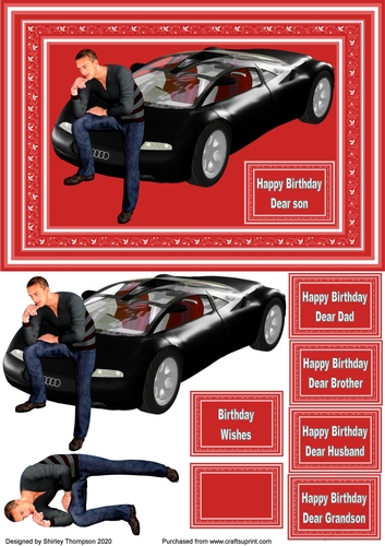A5 man with car step by step card front (red).