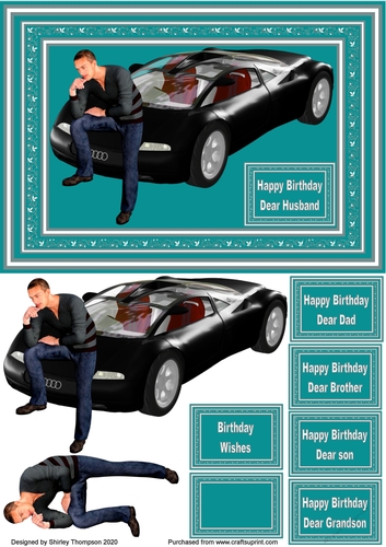 A5 man with car step by step card front (teal).