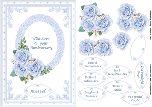 A5 blue vintage roses step by step Anniversary card front