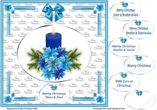 8 x 8 candle and blue poinsettia quick card front