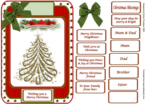 A5 round edged gold Christmas tree quick card front (Red & green).