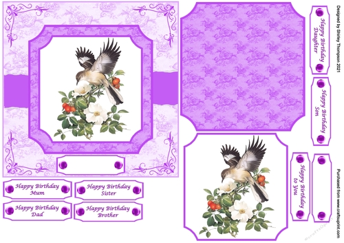 6 x 6 torn page bird step by step card front (Purple)