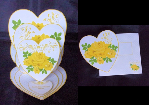 Yellow roses triple heart easel card with matching envelope
