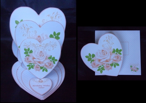 Peach roses triple heart easel card with matching envelope