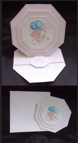 Bear and balloons octagonal easel new baby girl card with matching envelope
