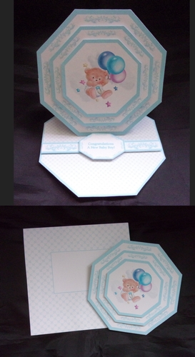Bear and balloons octagonal easel new baby boy card with matching envelope
