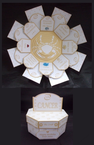 Octagonal exploding box card for the zodiac sign of Cancer.
