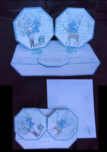 Snowy scene octagonal double easel card with matching envelope