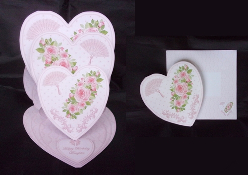 Roses triple heart easel card with matching envelope (Pink)