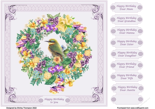 8 x 8 bird on a spring floral wreath quick card front