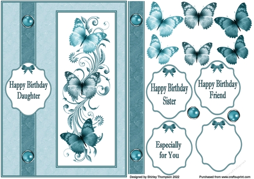 A5 butterflies step by step card front (Teal).