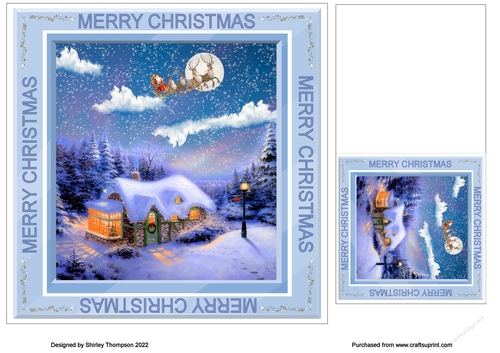 7.5 in square Christmas scene card front with matching gift tag