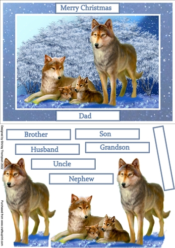 A5 wolf family in the snow step by step card front.