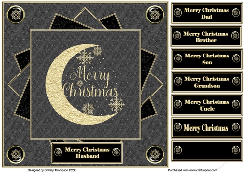 8 x 8 black textured quick card front with gold foil crescent moon.