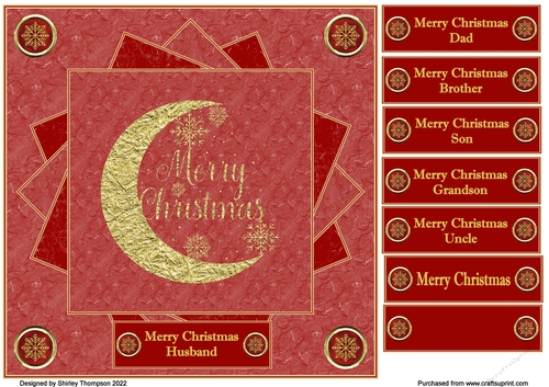 8 x 8 red textured quick card front with gold crescent moon