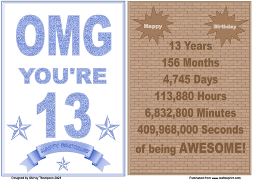 Pair of A5 quick card fronts for 13th birthday.