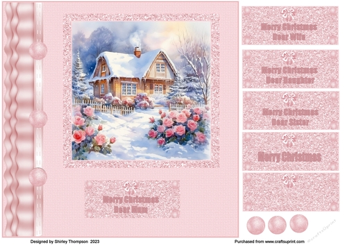 8 x 8 Snowy rose garden scene quick card front.