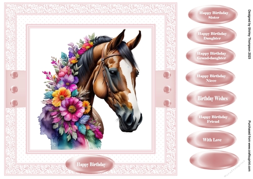 8 x 8 horse with flowers quick card front