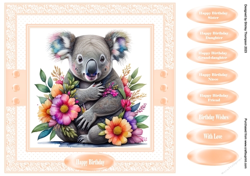 8 x 8 koala with flowers quick card front