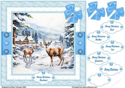 8 x 8 Deer in a snowy village quick card front.
