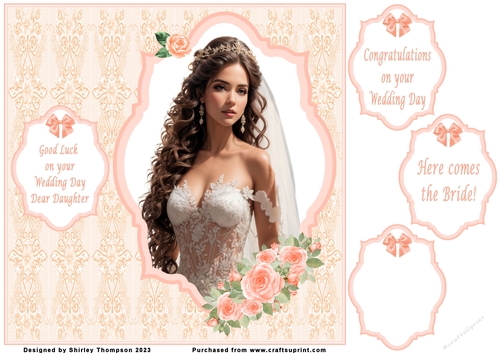 8 x 8 Brunette bride wedding day card front.