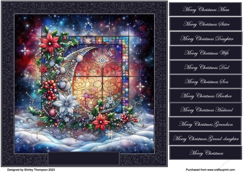 8 x 8 holly & poinsettia covered crescent moon stained glass quick card front.