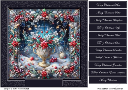 8 x 8 urn with holly & poinsettia stained glass quick card front.