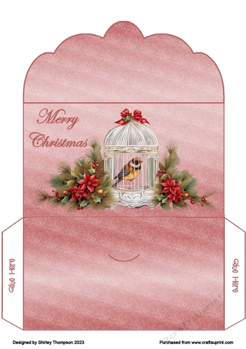 Caged bird & poinsettia scalloped edged money wallet.