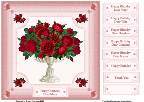 8 x 8 red roses in planter quick card front.