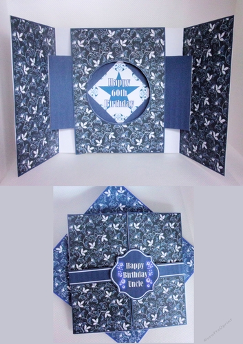 5.5 x 5.5 gate fold age shutter card with matching envelope (Blue).