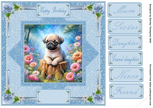 8 x 8 puppy on a tree stump quick card front