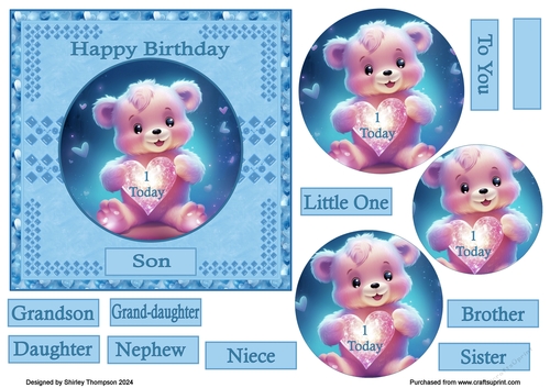 6in cute teddy 1st birthday card front.