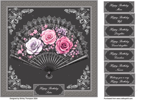 8 x 8 black & grey floral fan quick card front.