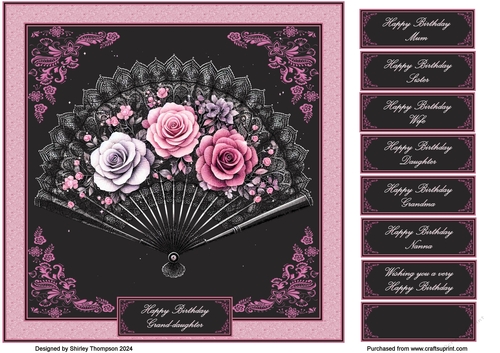 8 x 8 black & purple floral fan quick card front.