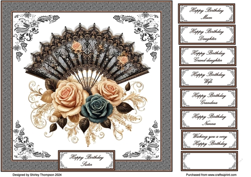 8 x 8 black floral fan quick card front.