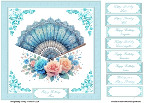 8 x 8 blue floral fan quick card front.